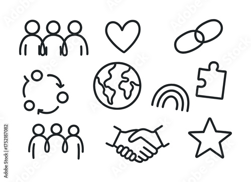 Vector Set of community and unity icons: heart, globe, handshake, puzzle, diversity symbols