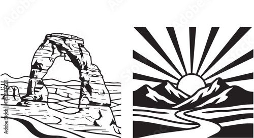 Natural landscape illustrations featuring a rock arch and a mountain sunrise with a river isolated on transparent background