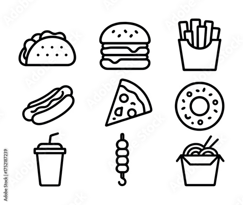 Vector Set of fast food icons featuring burger, pizza, and more in line art style