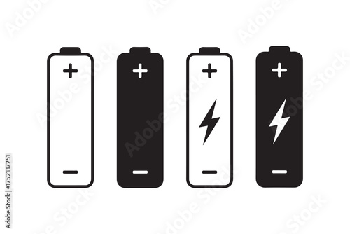 Battery Icons Black and White Set with Charge and Empty Symbols