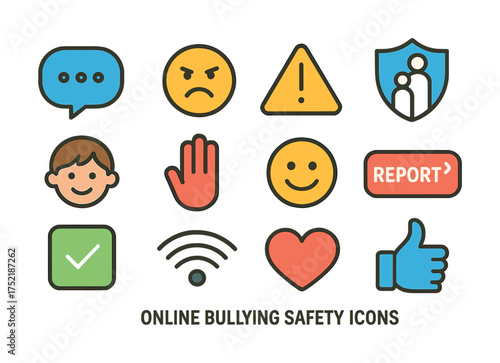 Vector Online bullying safety icons set with emoji and symbols for awareness