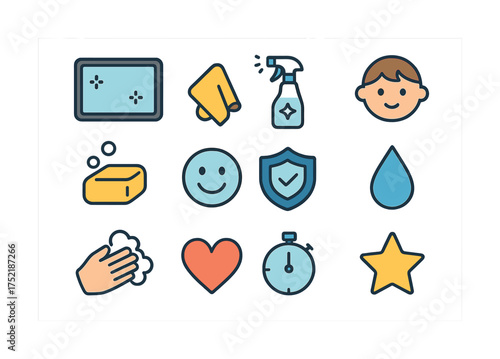 Vector Illustration of cleaning icons and happy face with child's head cartoon