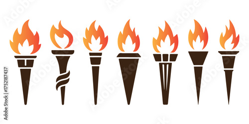 Collection of Ornate Torch Illustrations with Bright Orange Flames on White Background Artistic Design