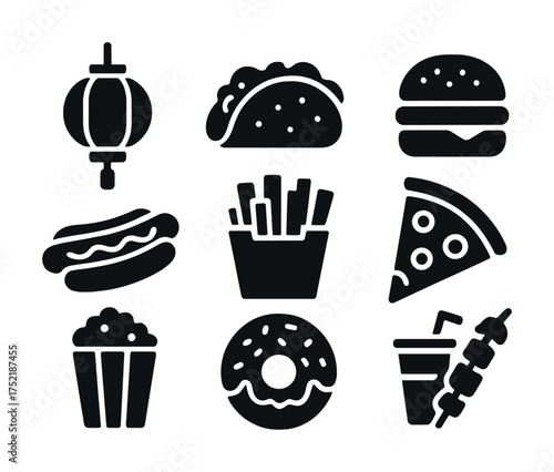 Vector Silhouette icons of popular fast food and snacks