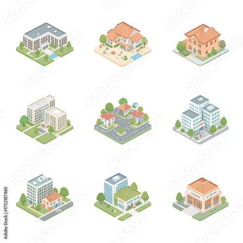 Charming isometric buildings showcase community living, perfect for real estate marketing, town planning visualizations, and architectural design projects.