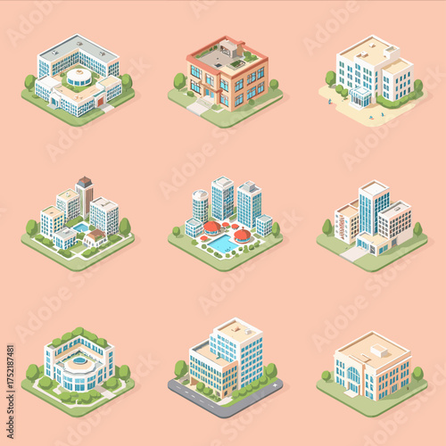 Isometric cityscape with diverse buildings, perfect for urban planning visualization and architectural presentations, showcasing modern design and community spaces