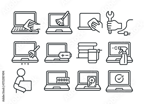 Vector Line icons of laptop maintenance and cleaning tools