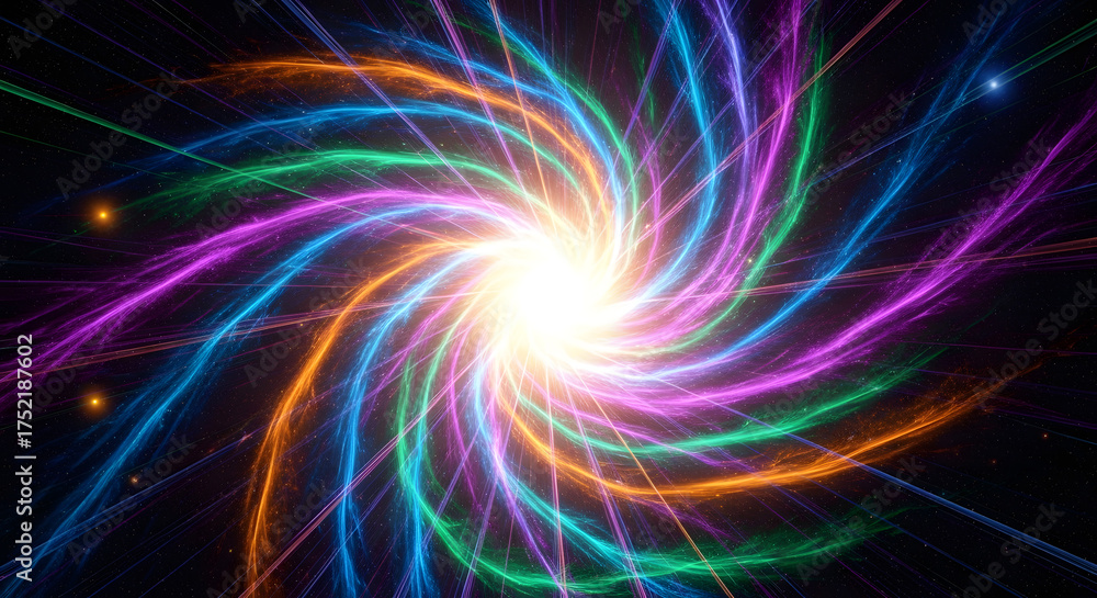 Fototapeta premium Dynamic swirling light energy forms a vibrant abstract spectacle. Glowing neon colors radiate from a brilliant central point, creating an energetic, mesmerizing vortex