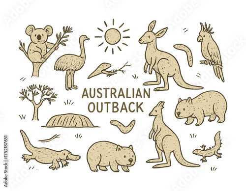 Vector Illustrated wildlife of the australian outback with koala, kangaroo, and platypus