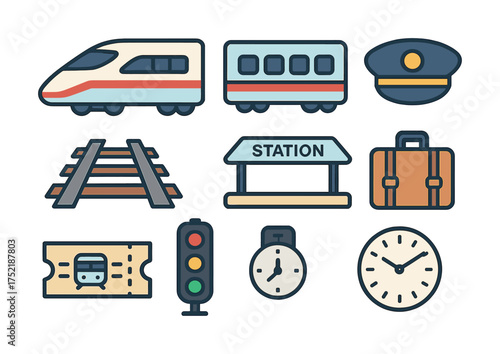 Vector Train travel icons set including ticket, station, and timetable