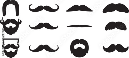 Collection of classic and stylized mustache and beard silhouettes set diverse facial hair styles