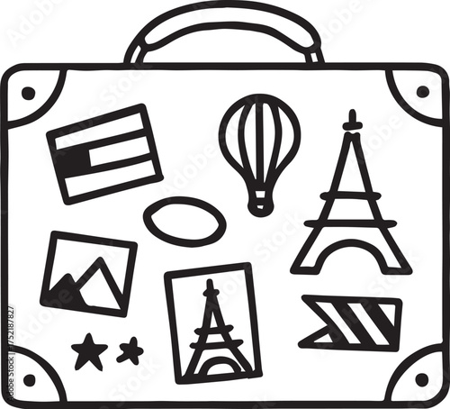Travel suitcase icon in black line style with global stickers and adventure symbols for tourism, exploration, and wanderlust themes