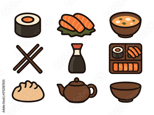 Vector Japanese cuisine icons: sushi, sashimi, miso, chopsticks, soy sauce, bento, dim sum, teapot, bowl