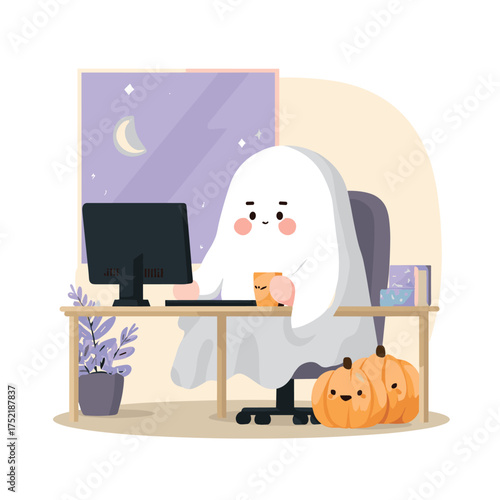 Halloween themed ghost costume office worker sitting at computer