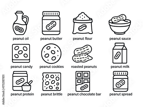 Vector Icons illustrating various peanut products and uses including oil, butter, and flour