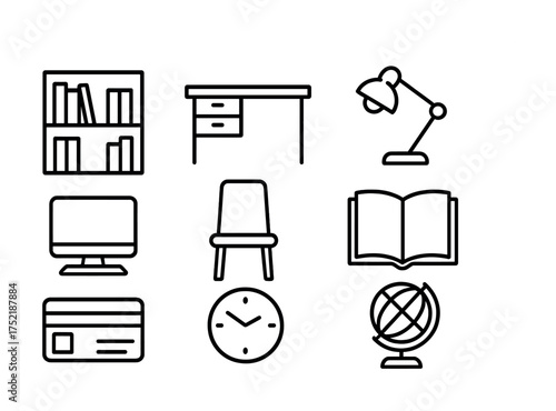 Vector Office and study room icons set: desk, lamp, chair, bookshelf, monitor, card, clock, globe, book