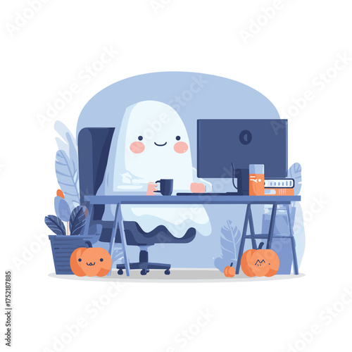 Halloween themed ghost costume office worker sitting at computer