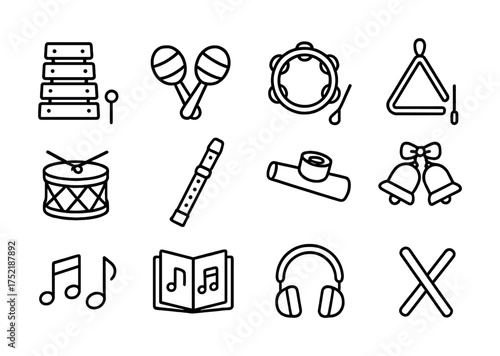 Vector Musical instruments line icons set: xylophone, maracas, tambourine, triangle, drum, recorder