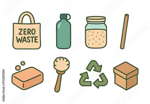 Vector Eco-friendly essentials: zero waste bag, reusable bottle, glass jar, bamboo straw, soap, brush, recycling, storage