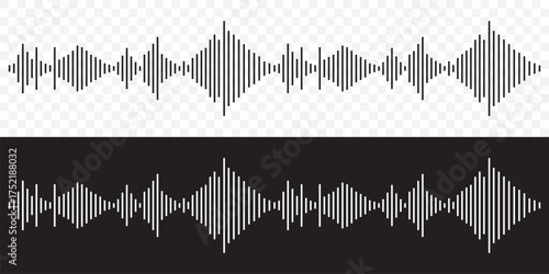 Podcast wave sound patterns with black bars for audio visualization or recording interfaces. Waveforms with varying frequencies and amplitudes. Minimalist design elements for music production software