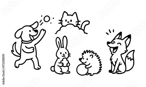 Vector Playful cartoon animals: dog, cat, rabbit, hedgehog, fox in fun scene
