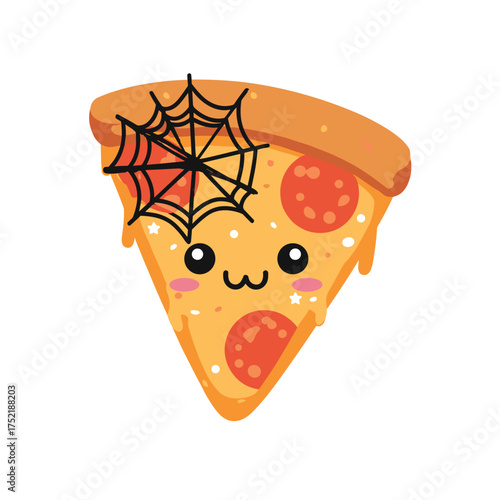 Halloween pizza slice with jack-o-lantern pepperoni and spiderweb cheese