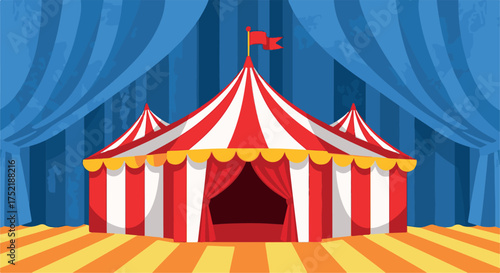 A vibrant circus tent with red and white stripes, set against a blue curtain backdrop
