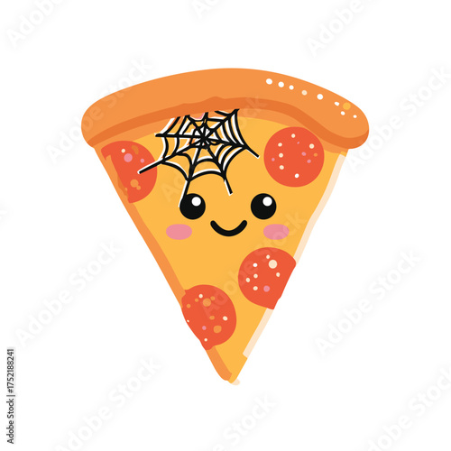 Halloween pizza slice with jack-o-lantern pepperoni and spiderweb cheese
