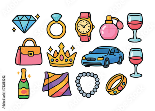 Vector Luxury icons collage with jewelry, fashion accessories, car, and wine glasses