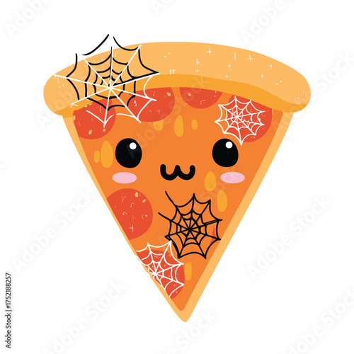 Halloween pizza slice with jack-o-lantern pepperoni and spiderweb cheese