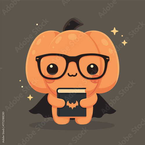 kawaii jack-o-lantern with glasses and shy expression, holding tiny book with bat on cover