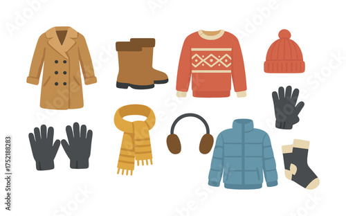 Vector Winter clothing collection with coat, sweater, scarf, and accessories on white background