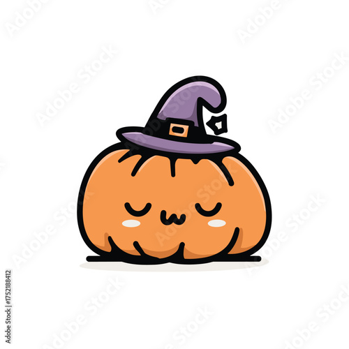 kawaii jack-o-lantern with sleepy expression and mini witch hat