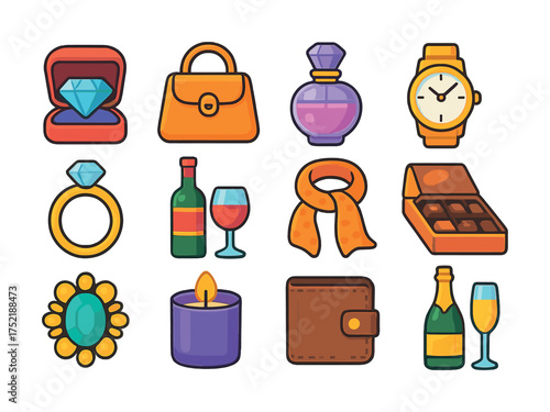 Vector Assorted luxury items including jewelry, accessories, and drinks