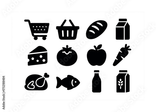 Vector Icon set of grocery items: milk, bread, cheese, fruits, vegetables, meat, fish