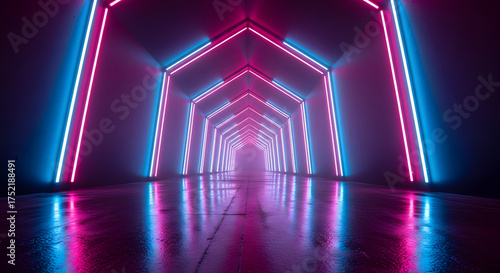A futuristic glowing neon tunnel with a symmetrical perspective and reflections on a wet floor, creating a captivating and immersive visual experience