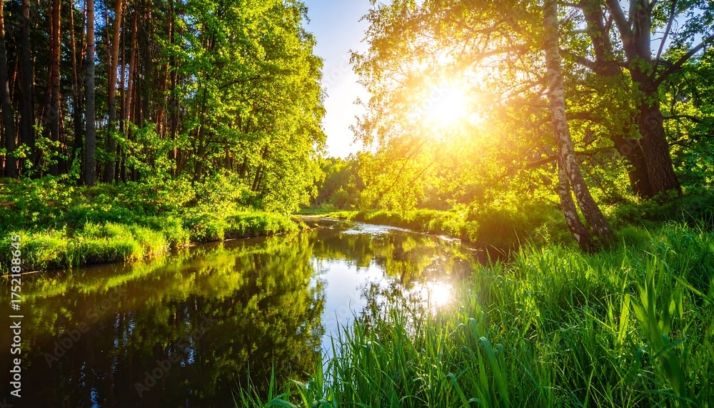 Fototapeta premium A sunlit river flows through a lush forest with vibrant green foliage