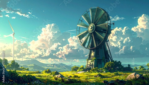 A windmill whose blades are giant computer graphics cards, generating green energy, retro-futuristic industrial illustration.