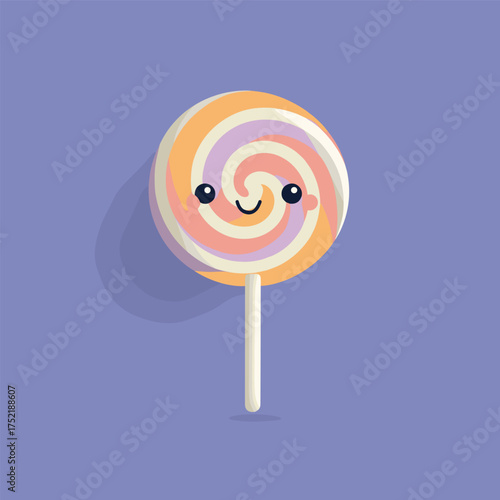 kawaii lollipop with swirl pattern, happy face, pastel purple and orange theme