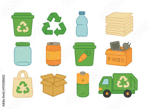 Vector Recycling icons: containers, bins, e-waste, and green practices