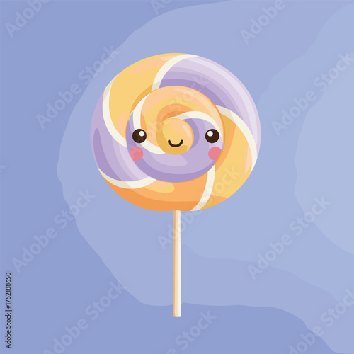 kawaii lollipop with swirl pattern, happy face, pastel purple and orange theme