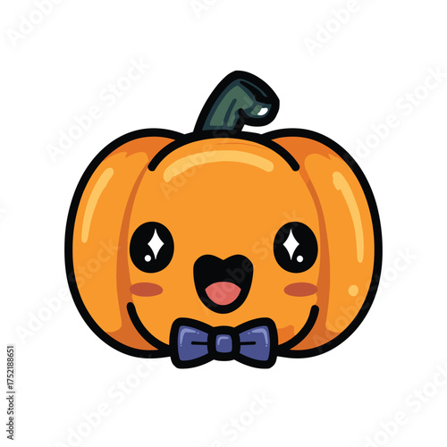 kawaii jack-o-lantern with wide open happy mouth and sparkling eyes, little bow tie under the stem