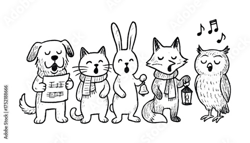 Vector Cute animal choir singing together: dog, cat, rabbit, fox, owl with music notes