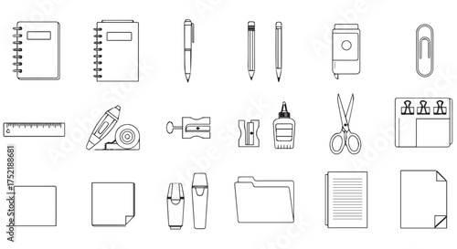 Collection of stationery and office supply icons isolated on transparent background