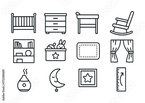 Vector Outline icons of baby furniture and nursery decor items