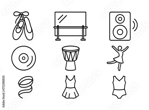 Vector Dance elements: ballet shoes, mirror barre, speaker, records, drum, dancer, ribbon, skirt, leotard