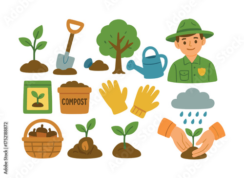 Vector Gardening elements: tools, plants, and outdoor activities
