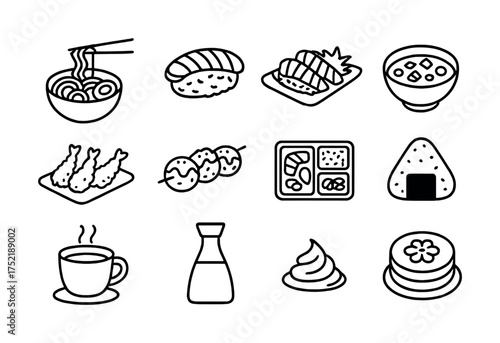 Vector Assorted japanese cuisine icons featuring sushi, ramen, tempura, and more