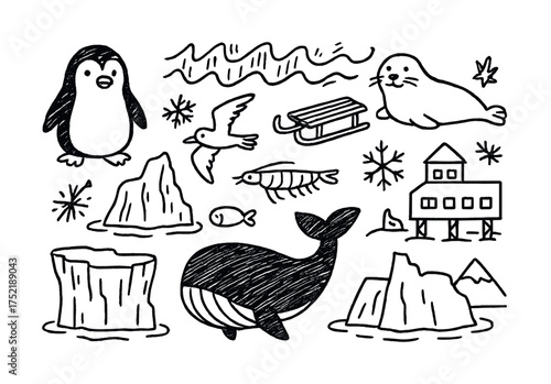 Vector Cute arctic animals and scenery illustration with penguin, whale, and icebergs