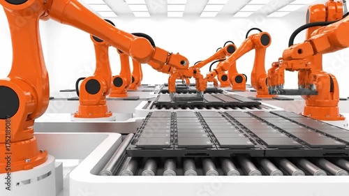 Robotic arms assembling EV batteries on a factory assembly line. Green energy and automation concept.